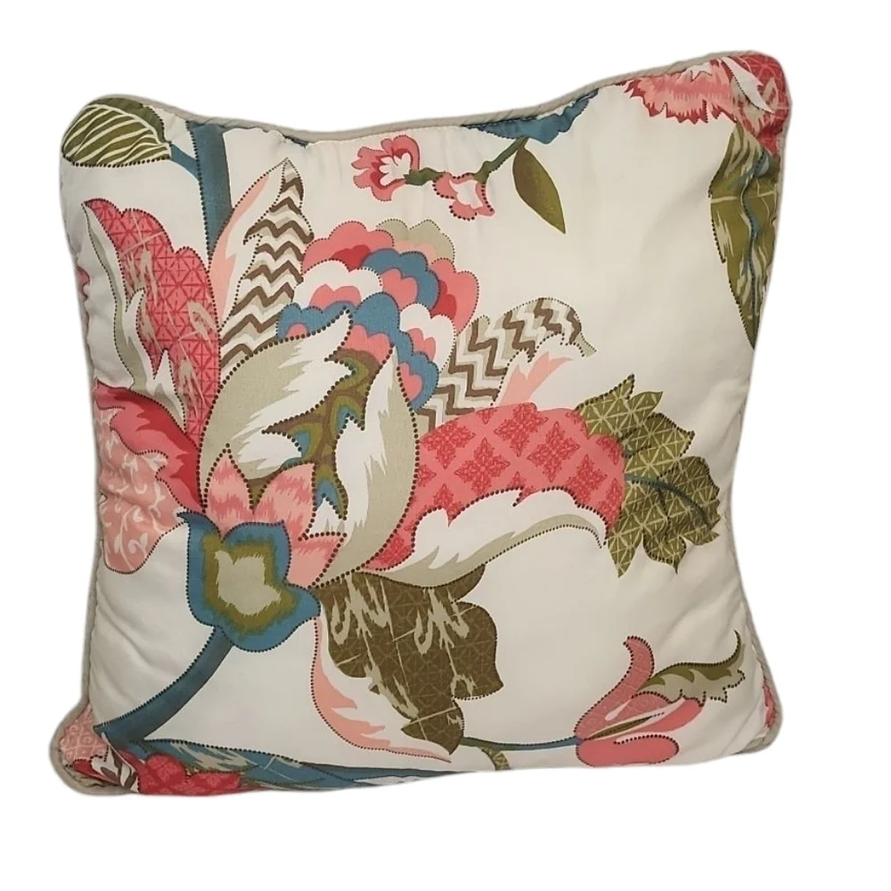 Jacobean Printed Decorative Throw Pillow Floral Chevron Dots Teal Pink White